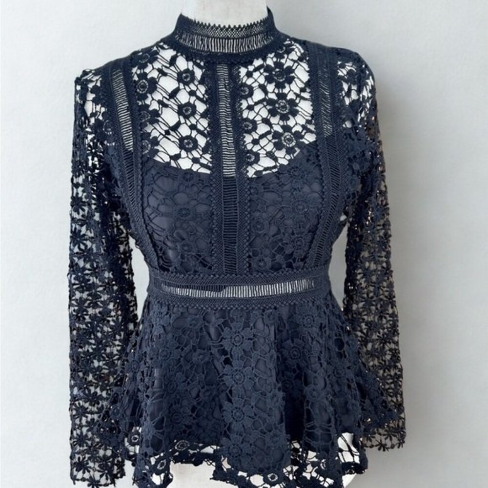 NWT I.Madeline Black Crochet Lace Blouse Elegant Sheer Top Size S